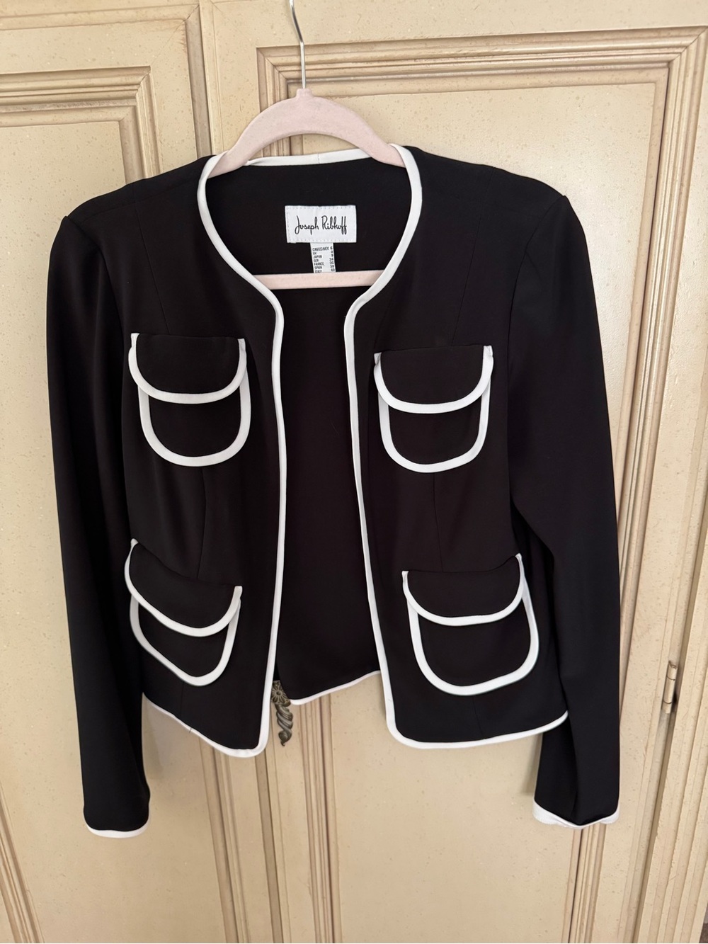 Joseph Ribkoff Black Jacket with White Trim and Pocket Flaps